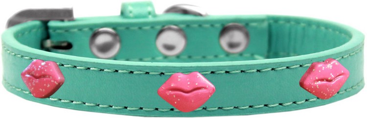 Pink Glitter Lips Widget Dog Collar Aqua Size 16